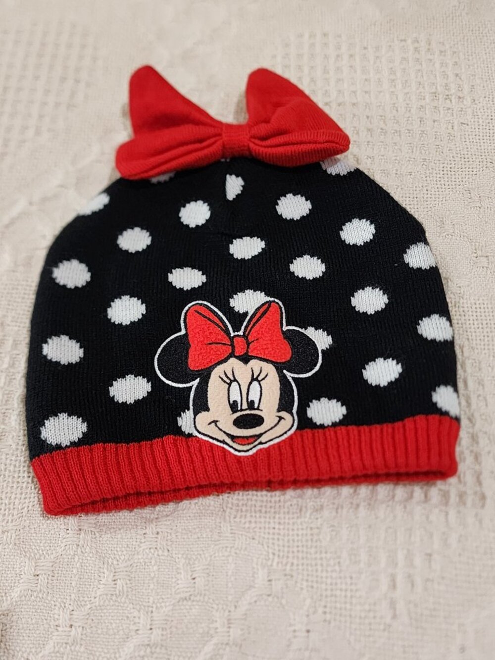 Girls Minnie Mouse Beanie Hat Embroidered Polka Dots Red Black White Bow Disney